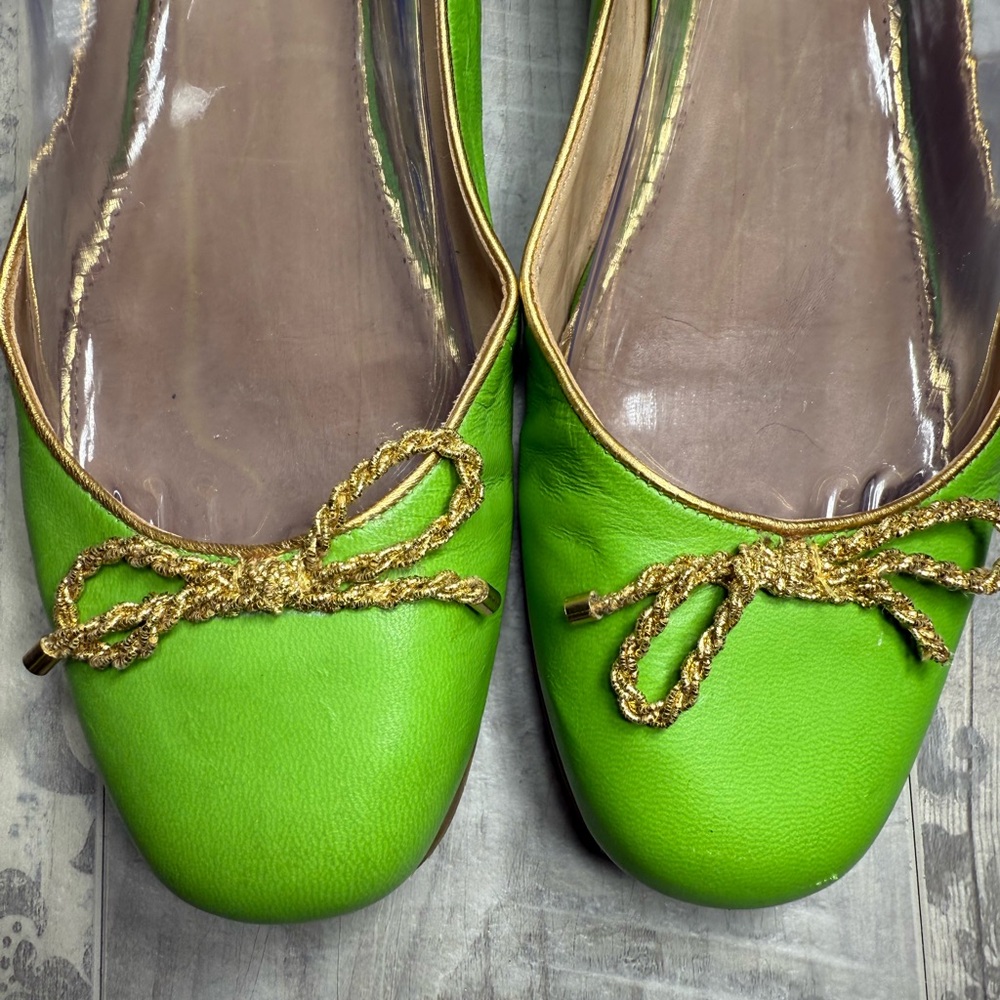 Lily Pulitzer Green Leather Ballet Flats with Gold Rope Bow - Picture 5 of 12